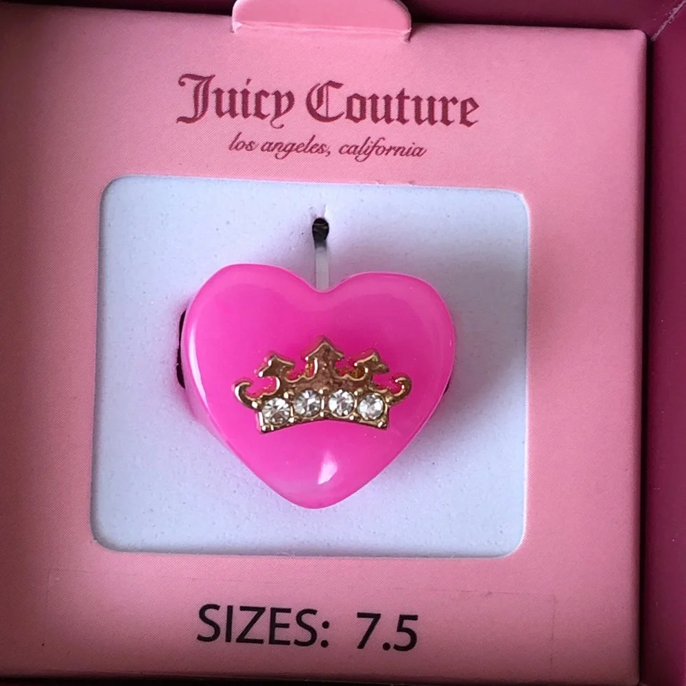 Juicy Couture Pink Resin Heart With Crown Cocktail Ring Crystal Size 7.5 NIB